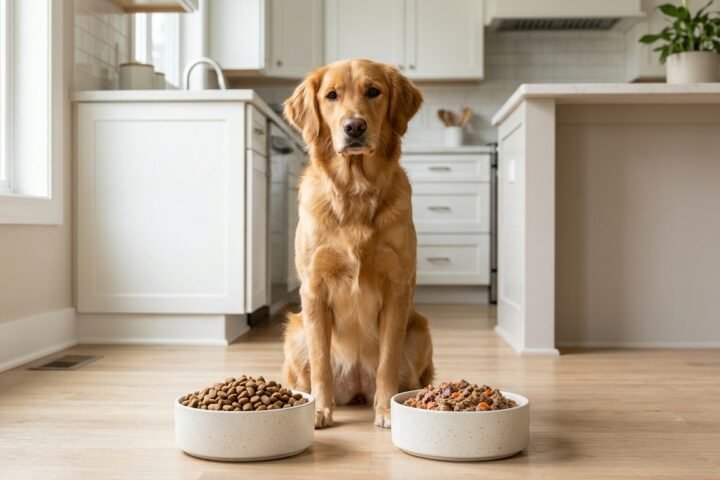 Wet vs dry dog food comparison with a dog choosing between kibble and canned food