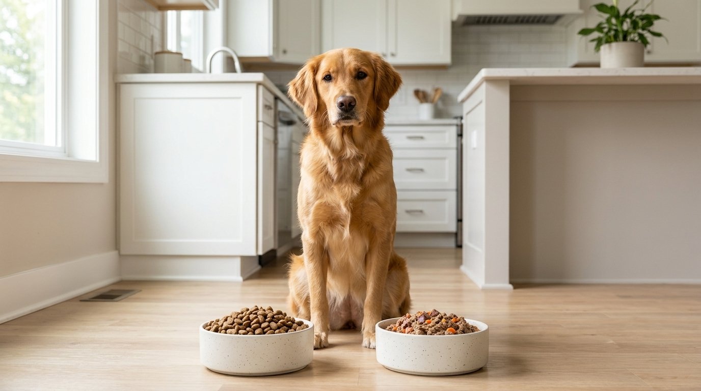 Wet vs dry dog food comparison with a dog choosing between kibble and canned food