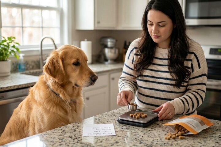 Dog treat calories being measured for a safe daily reward limit