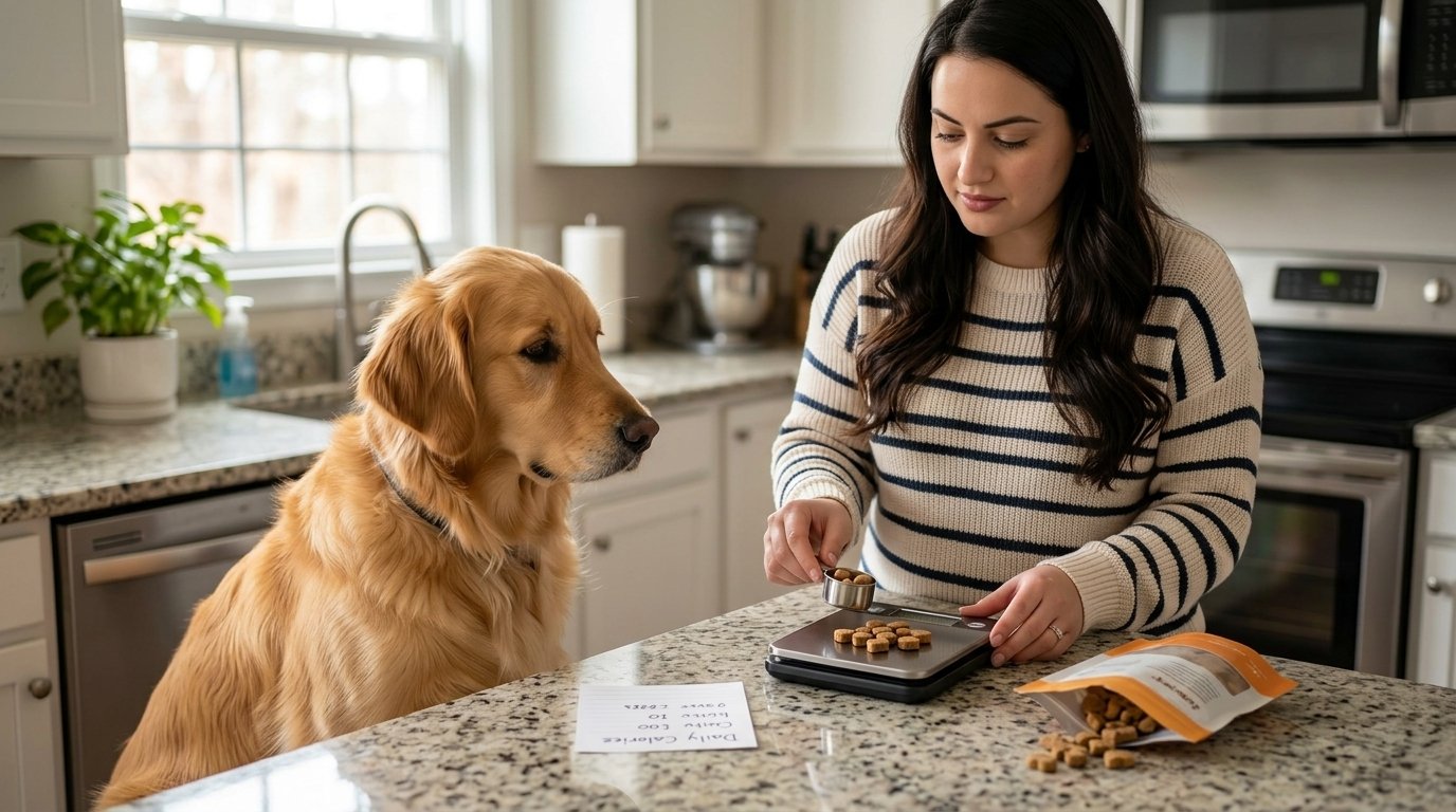 Dog treat calories being measured for a safe daily reward limit