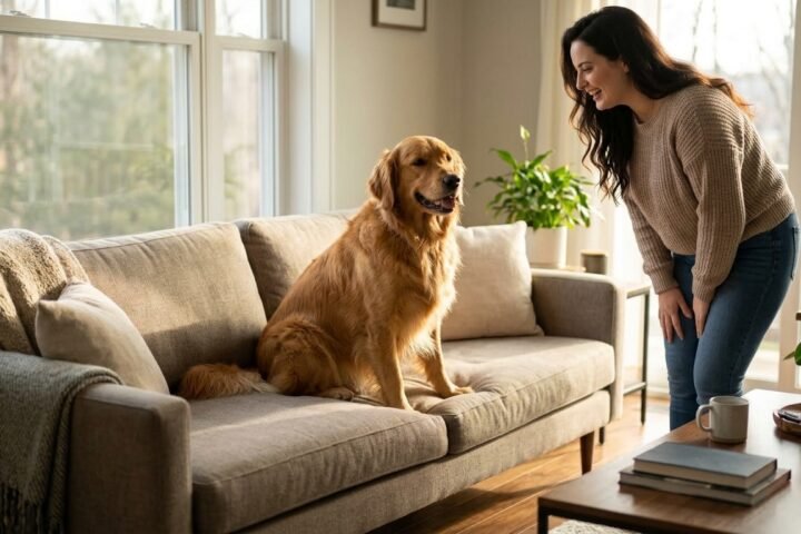 Dog sitting in its owner's seat after the owner gets up from the couch.