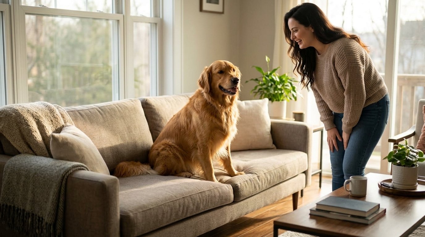 Dog sitting in its owner's seat after the owner gets up from the couch.
