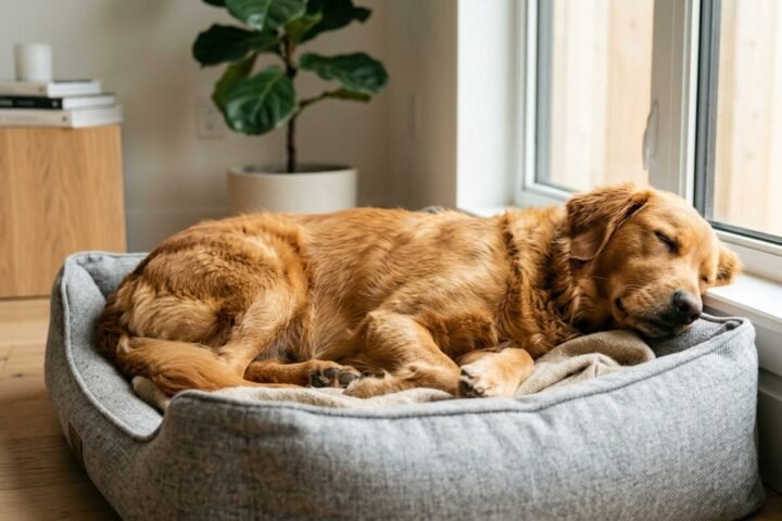 Dog sleeping positions showing a relaxed dog resting comfortably