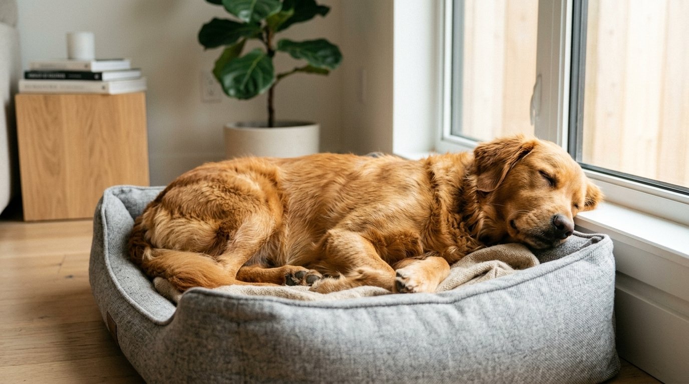 Dog sleeping positions showing a relaxed dog resting comfortably