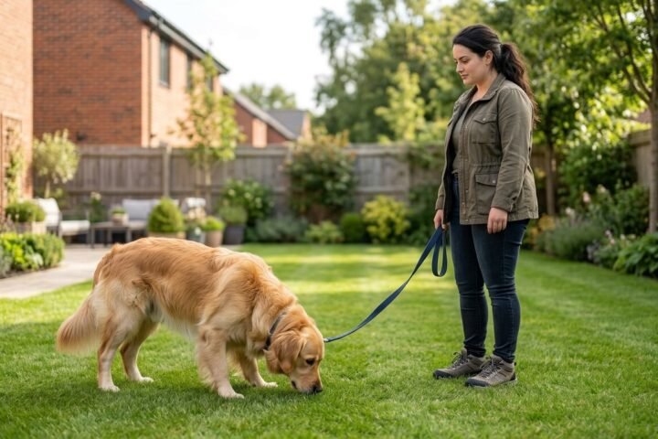 Dog won’t poop outside while female owner patiently waits during a backyard potty break
