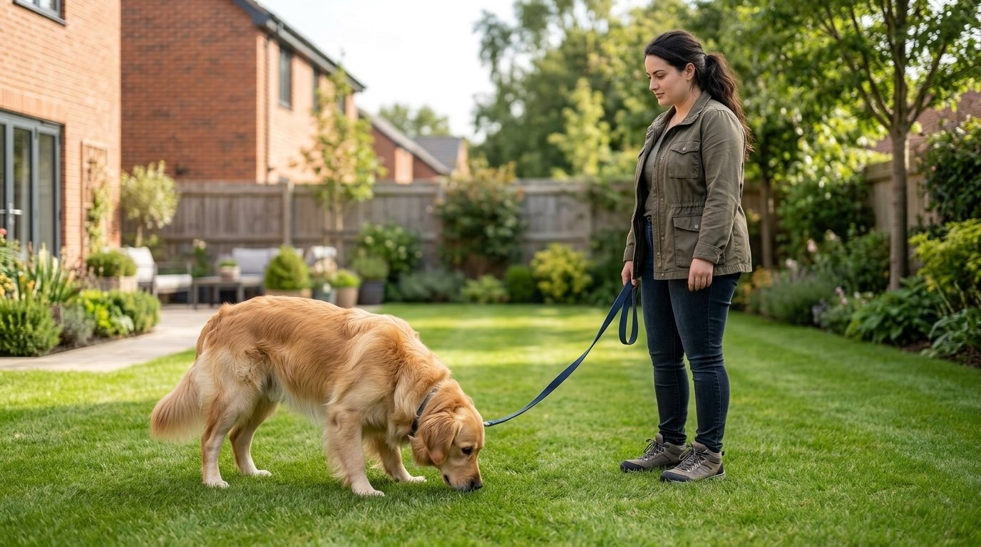 Dog won’t poop outside while female owner patiently waits during a backyard potty break