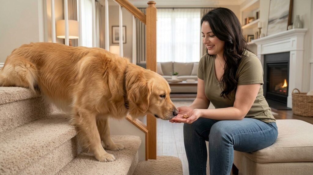 Dog calmly investigating the first stair while a female owner rewards the choice