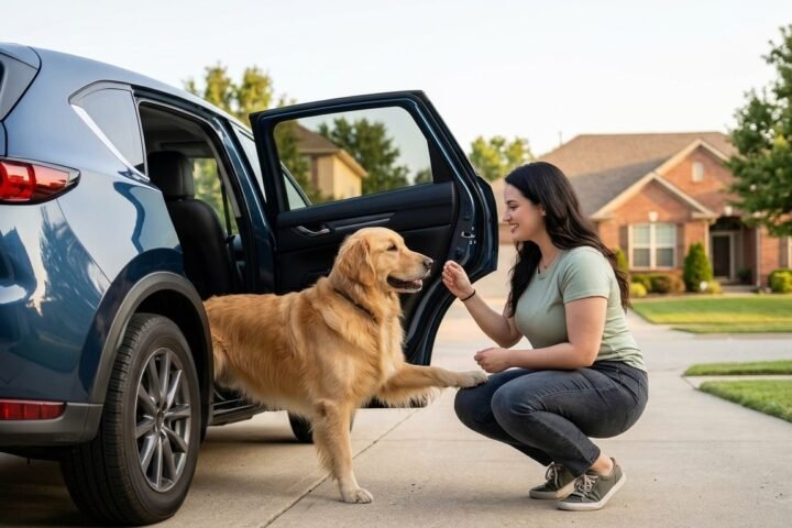 Dog afraid of car rides calmly approaching an open parked car with owner support