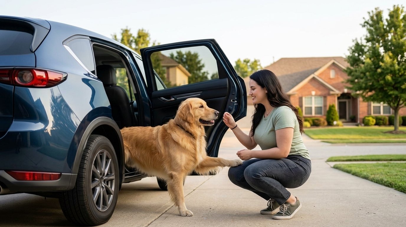 Dog afraid of car rides calmly approaching an open parked car with owner support