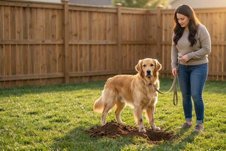 Dog digging holes in a lawn beside a secure backyard fence