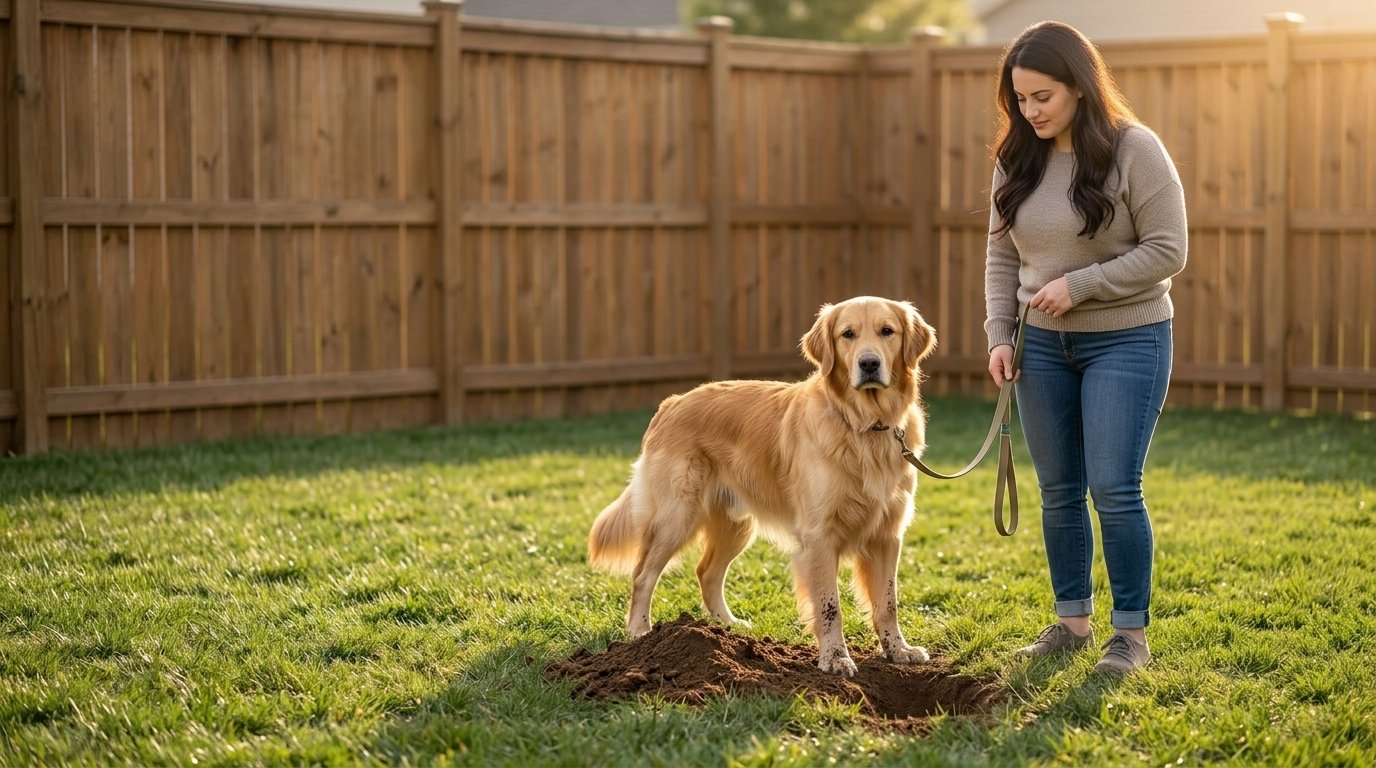 Dog digging holes in a lawn beside a secure backyard fence