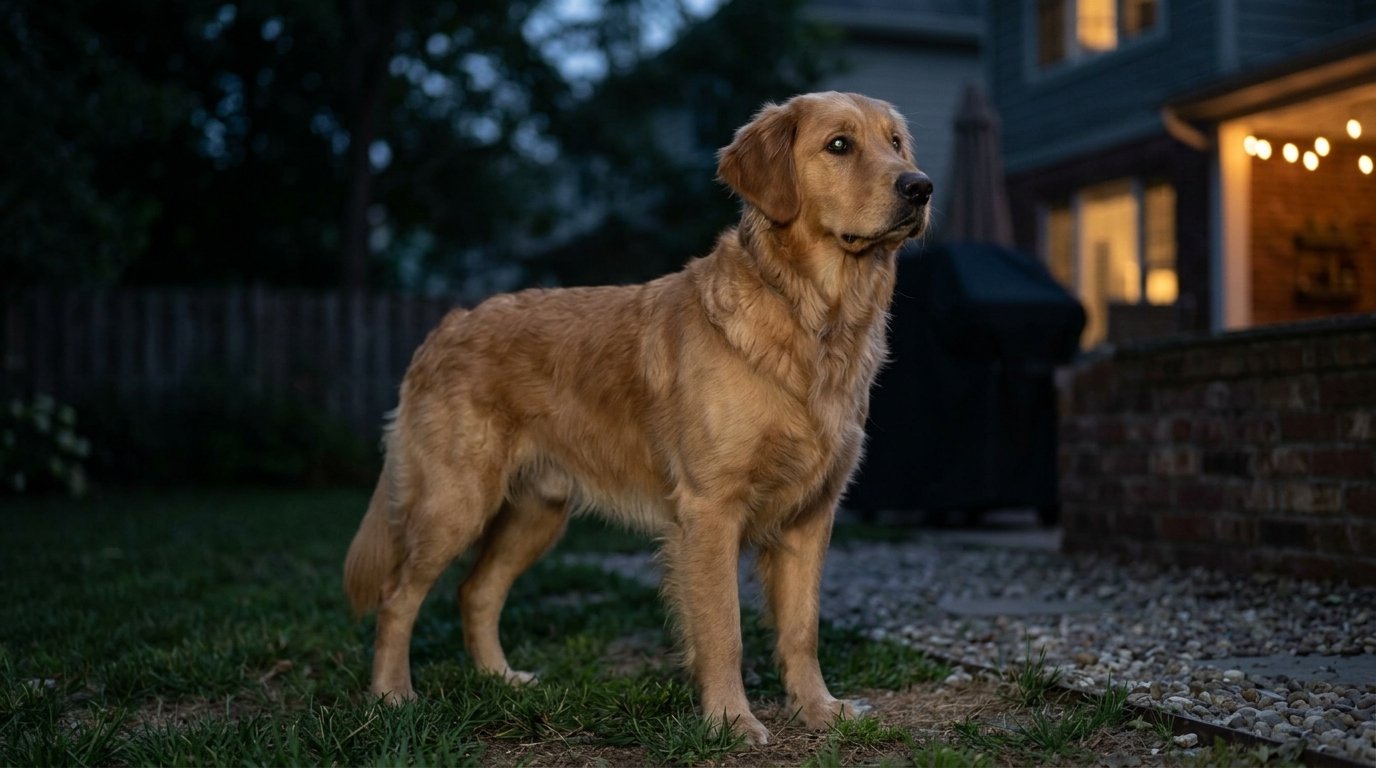 Dog standing outside at dusk showing how dogs see in low light