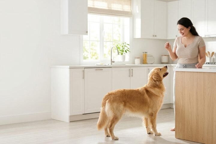 Dog counter surfing prevention with a dog keeping four paws on the kitchen floor