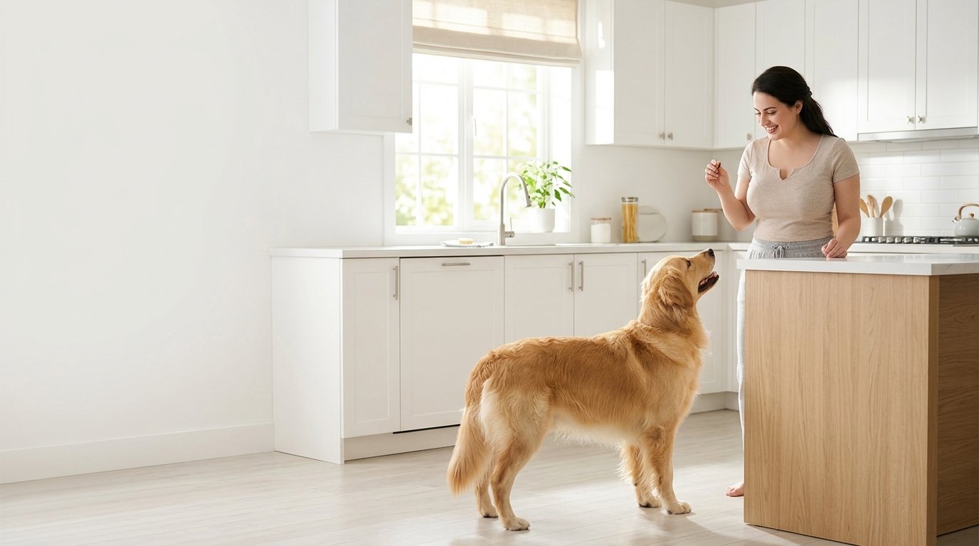 Dog counter surfing prevention with a dog keeping four paws on the kitchen floor