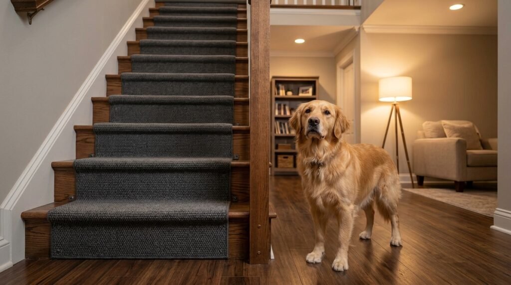 Secure nonslip stair treads and a well-lit landing for a hesitant dog
