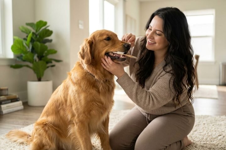 Dog dental care with a healthy dog getting its teeth brushed