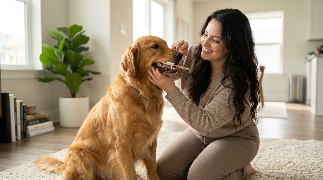 Dog dental care with a healthy dog getting its teeth brushed