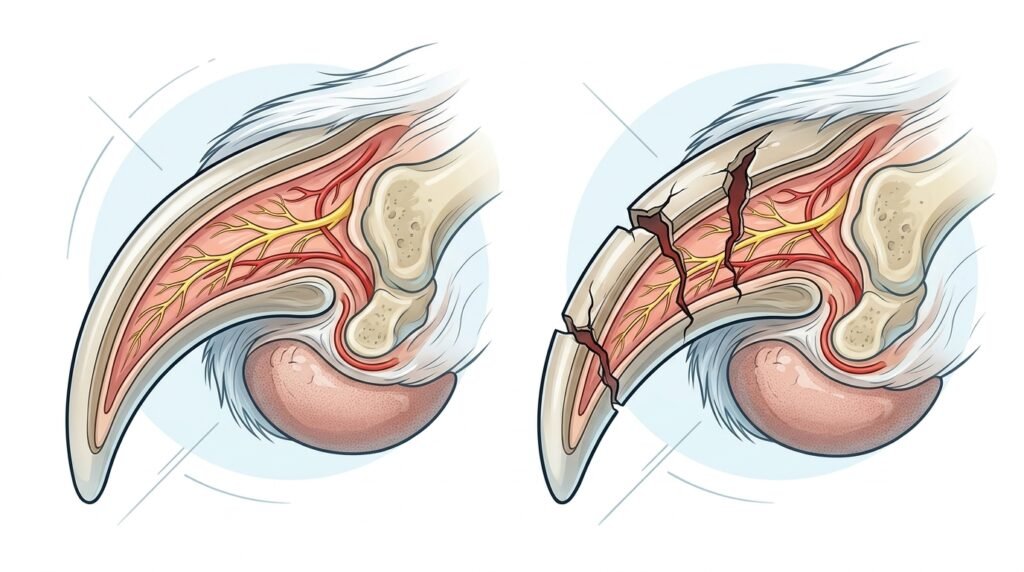 Dog nail anatomy showing the hard shell and sensitive quick