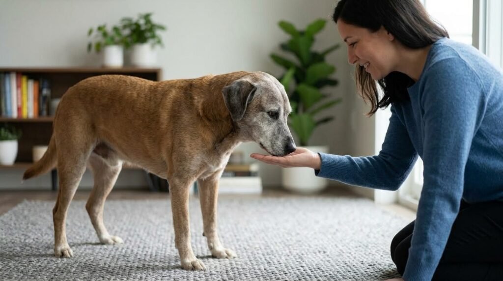 Older dog practicing a gentle nose-target training exercise on a nonslip rug
