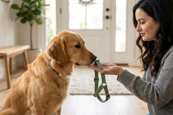Dog afraid of harness learning to approach it calmly