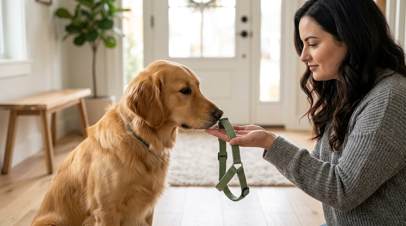 Dog afraid of harness learning to approach it calmly