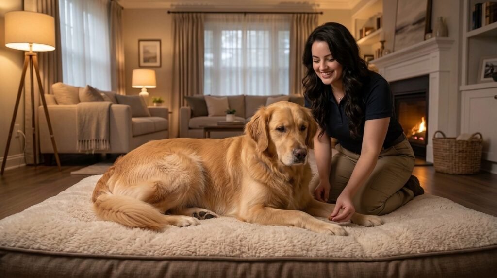 Owner rewarding a dog for lying calmly on a training mat