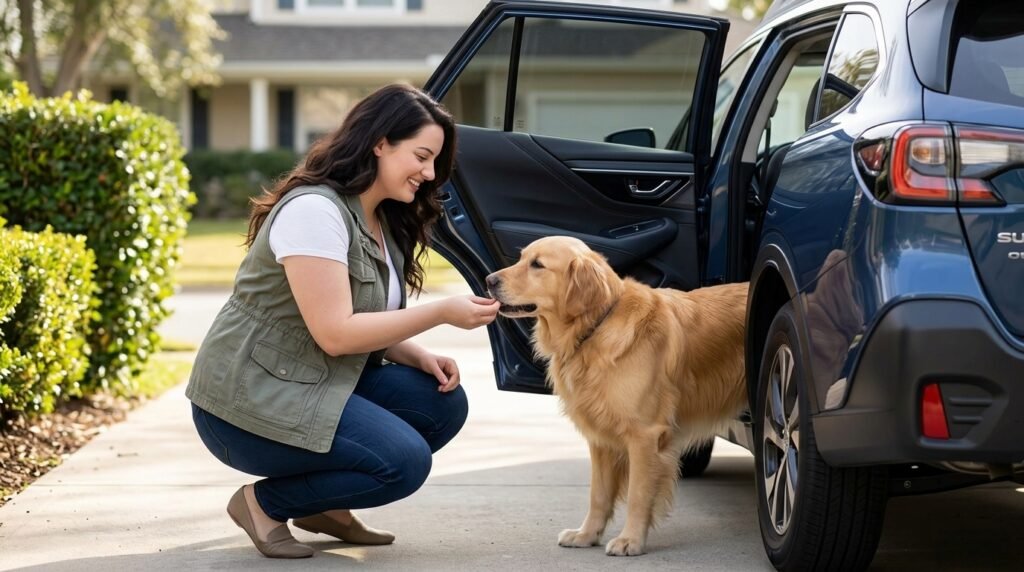 Female owner using gradual training to help a dog feel comfortable around the car