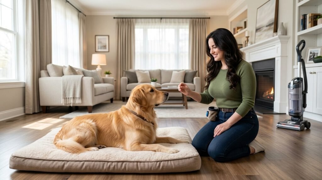 Dog receiving rewards during gradual vacuum desensitization at a comfortable distance