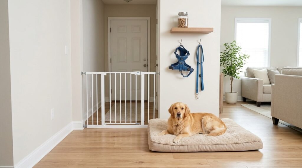 Safe doorbell training setup with a mat, gate, treats, harness, and leash
