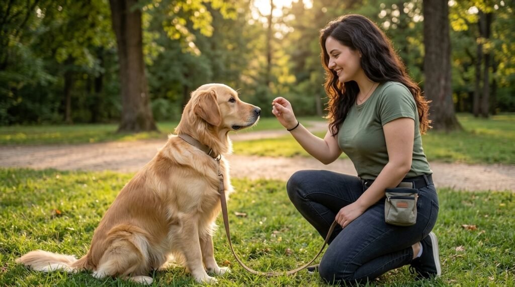 Dog receiving a tiny low-calorie reward during positive training
