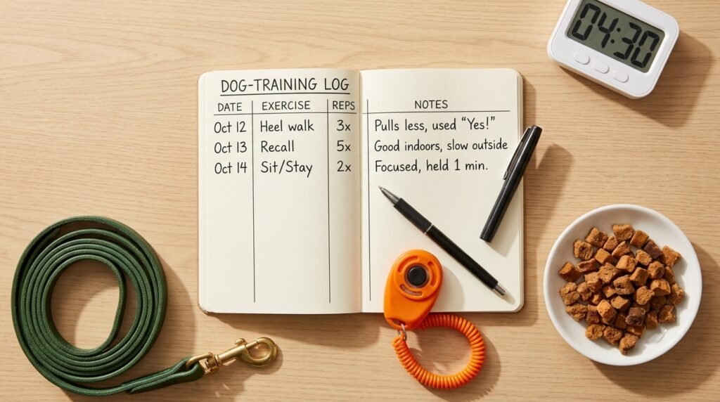 Dog training log used to track cues, distractions, rewards, and successful responses