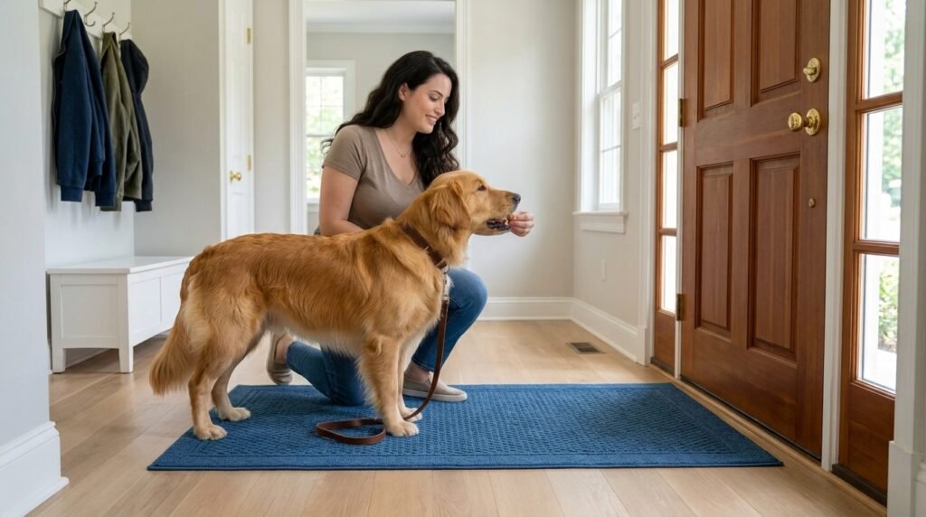 Owner rewarding a dog for staying behind the doorway boundary