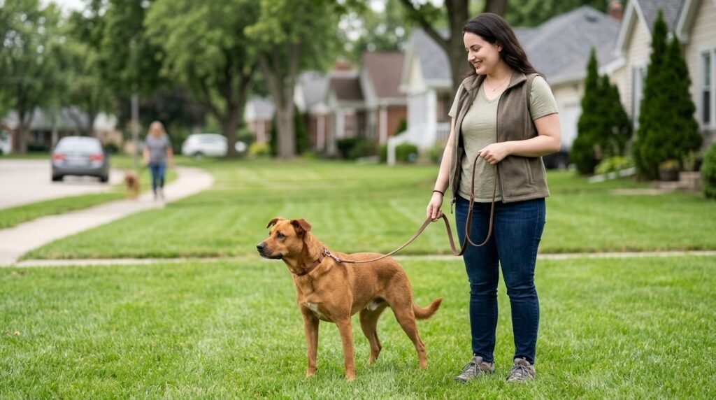 Nervous dog distracted during an outdoor potty break