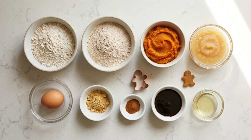 Measured oat flour, pumpkin, applesauce, egg, ginger, cinnamon, and molasses for dog-friendly gingerbread treats