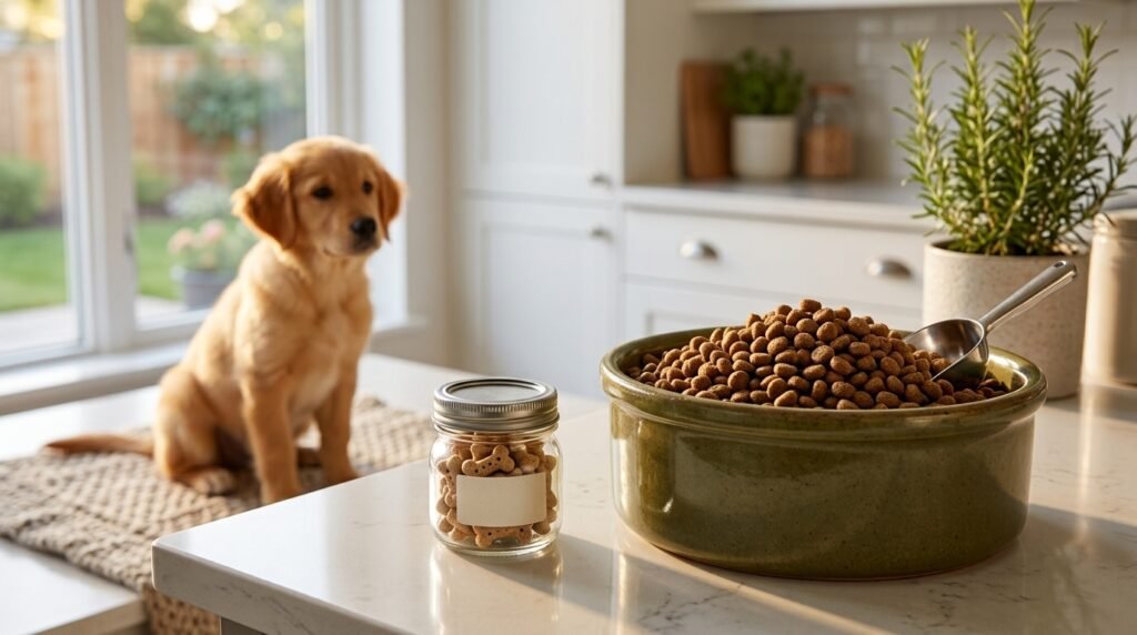 Small dog treat allowance beside the main daily food portion