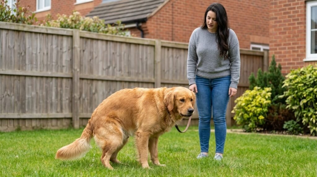 Dog showing possible urinary discomfort during a bathroom break