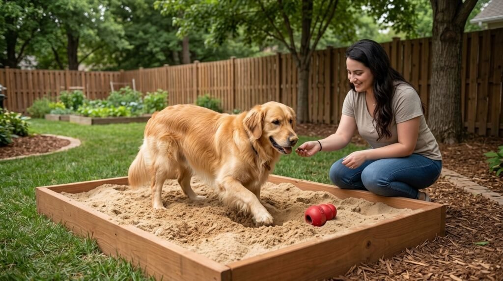 Dog using a designated digging area with positive reinforcement