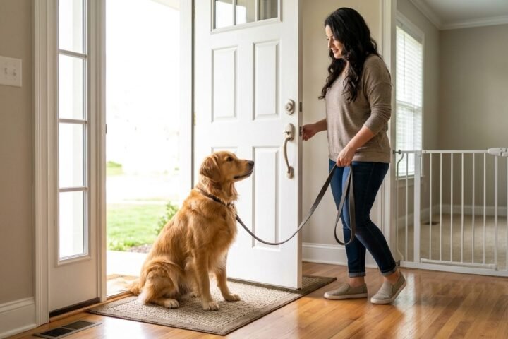 Dog door dashing training with a dog waiting safely behind an open front door