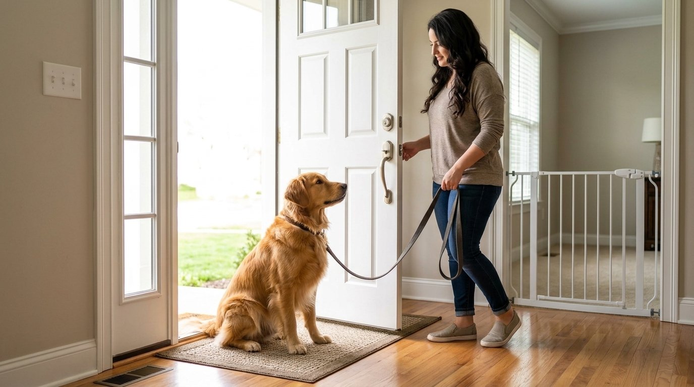 Dog door dashing training with a dog waiting safely behind an open front door