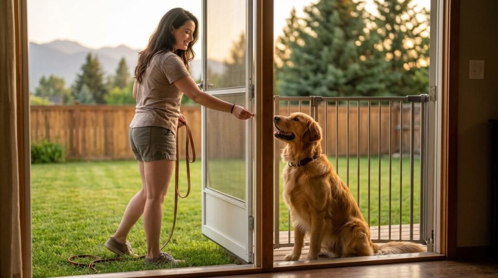 Dog practicing a wait and release cue at an exterior door