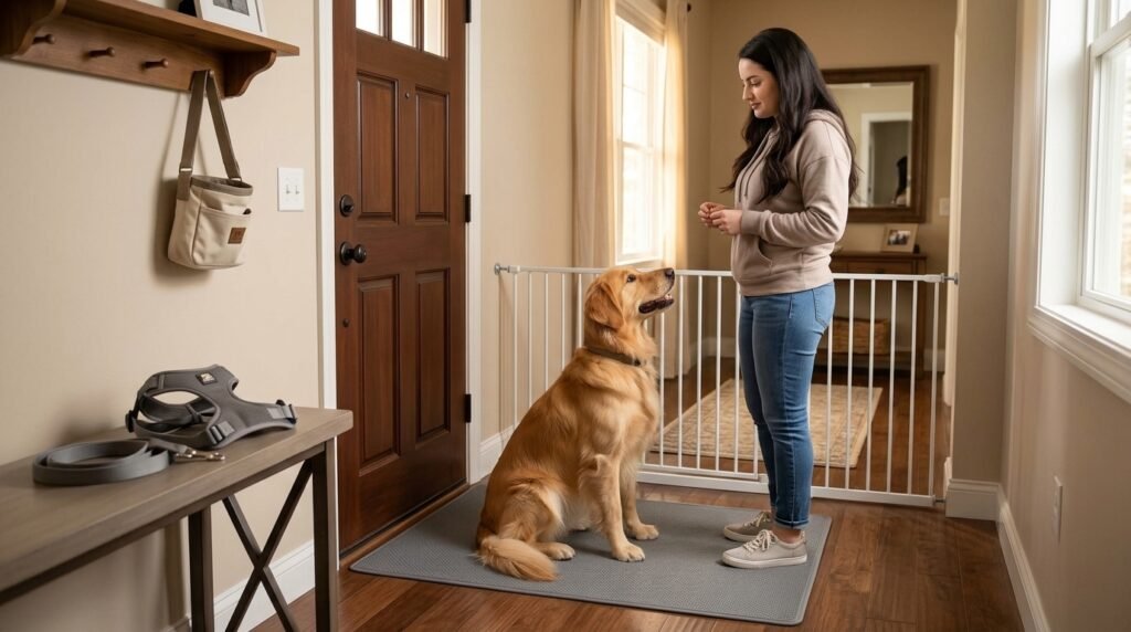 Doorway setup with a mat, gate, harness, and leash for calm dog greetings