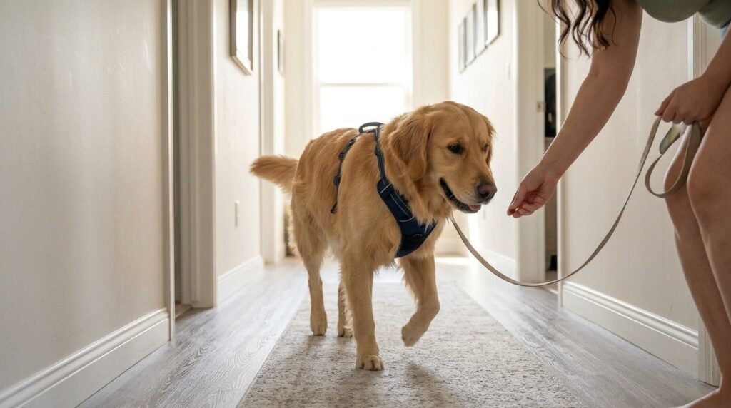 Dog walking calmly indoors while getting used to harness