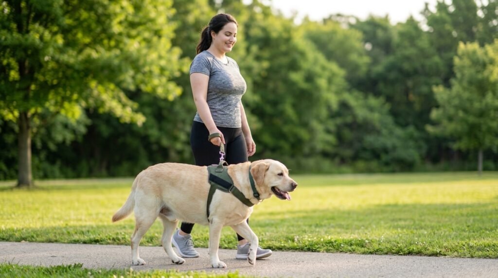 Overweight adult dog doing gradual low-impact walking exercise with its owner.