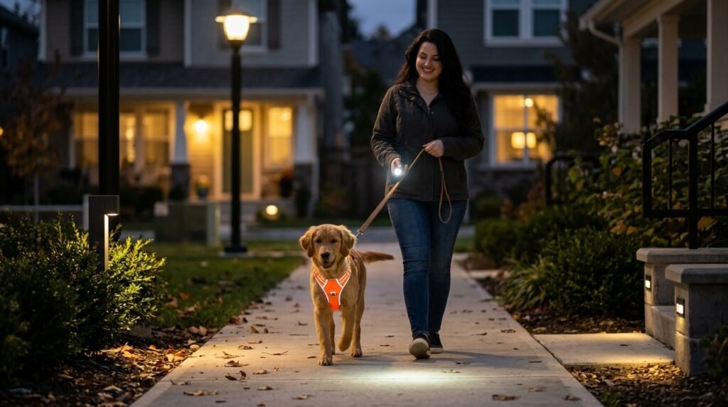 Dog walking safely with owner after sunset