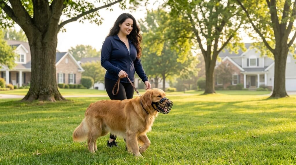 Muzzle-trained dog walking calmly outdoors in a basket muzzle