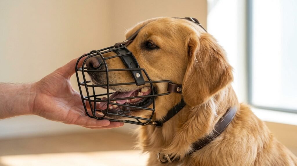 Properly fitted basket muzzle with room for a dog to pant