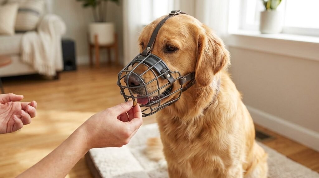 Dog receiving a treat while comfortably wearing a basket muzzle