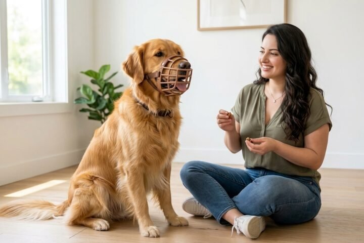Muzzle training for dogs with a calm dog wearing a basket muzzle