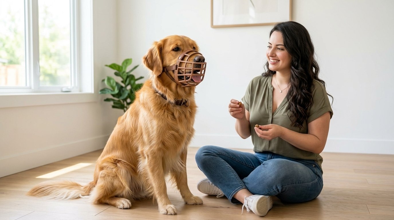 Muzzle training for dogs with a calm dog wearing a basket muzzle
