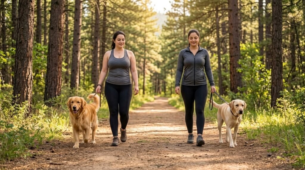 Two adult dogs walking parallel at a comfortable distance
